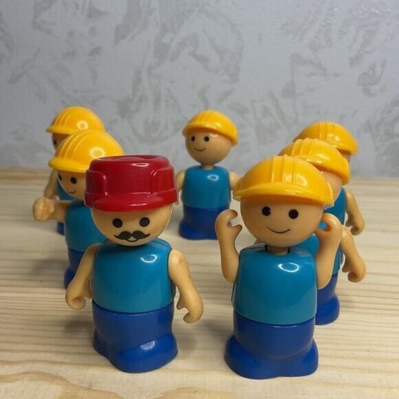 Vintage Playskool Lil Playmates Lot of 7 Construction Workers Blue Yellow Red - Picture 1 of 9